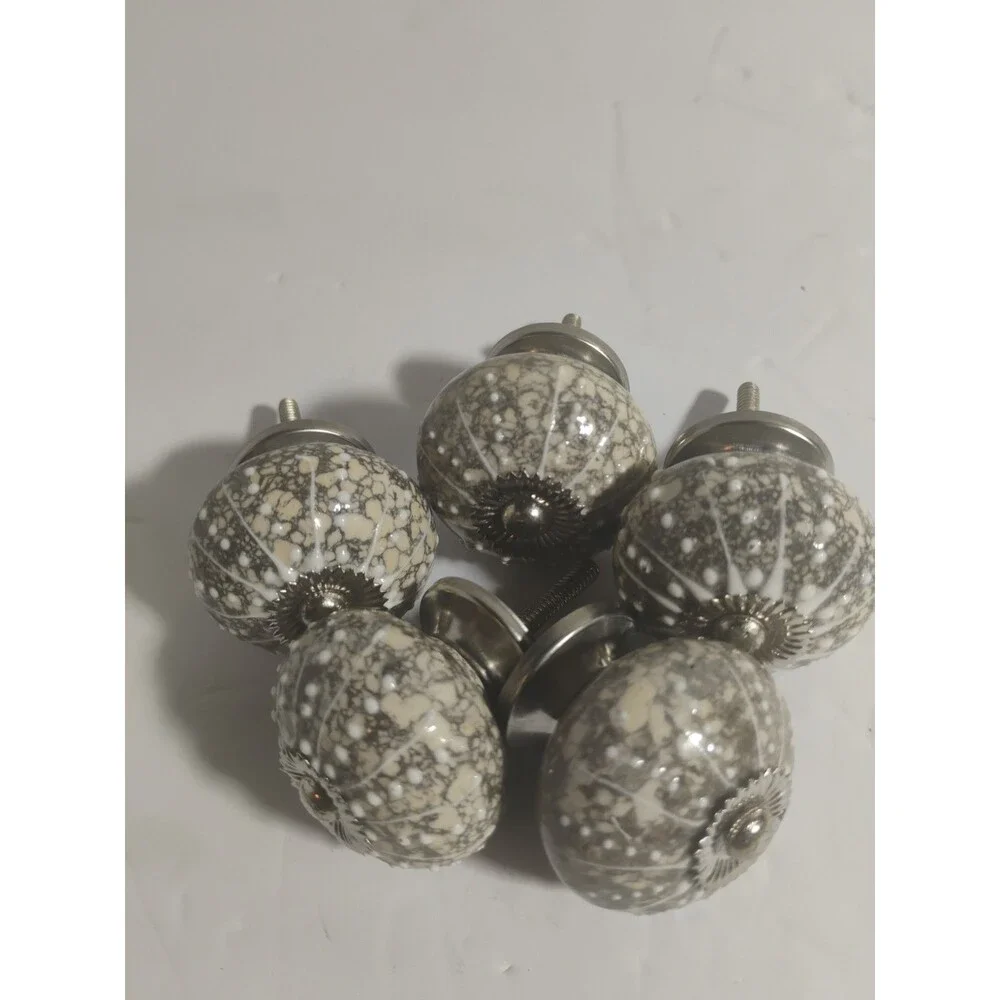Lot of 5 Sea Urchin Ceramic Drawer Knob Pulls Gray White Beige Silver 1.5